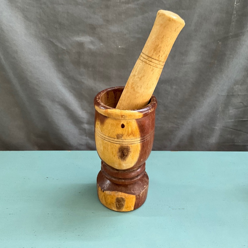 Vintage Handcrafted Two Tone Wooden Mortar and Pestle Set Rustic Pedestal Base